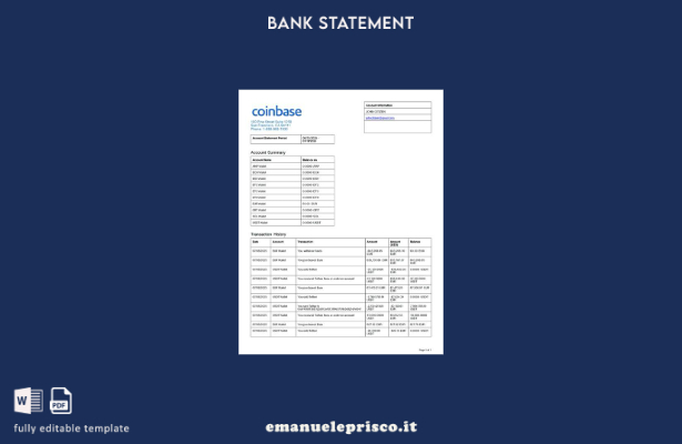 modello di parole dell'estratto conto Coinbase USA in stile verificato